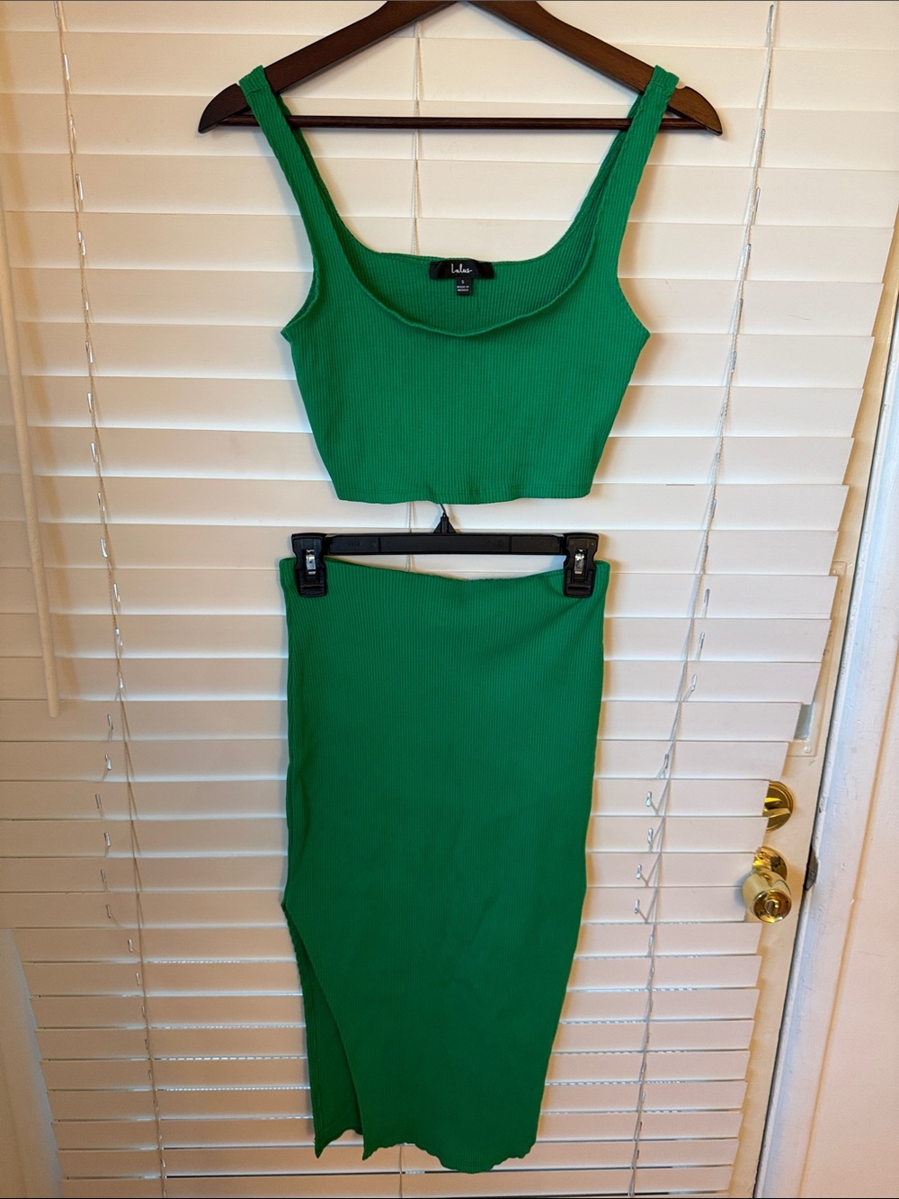 Lulu's Green Ribbed Crop Tank & Midi Skirt Set